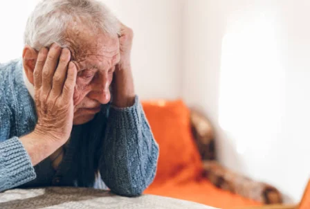 Homme âgée assis souffrant de dépression, seul à son domicile