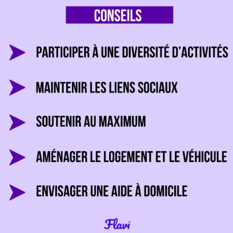 Récapitulatif des 5 conseils pour faciliter le quotidien de votre parent âgé sur un fond violet 